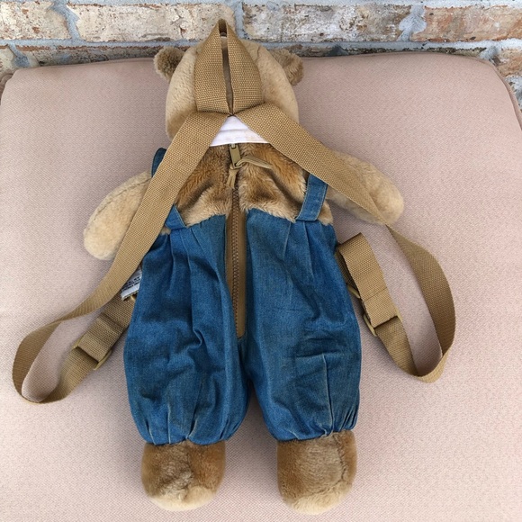 Vintage Unisex Teddy Bear in overalls Red Tie Kids Teddy Plush Backpack - Picture 8 of 16